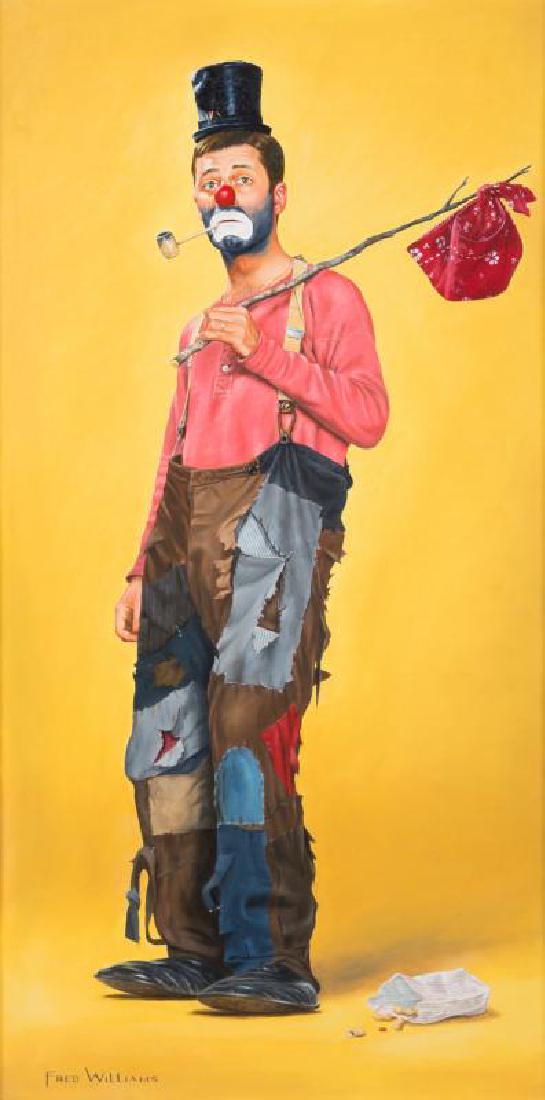 FRED WILLIAMS (AMERICAN, 1922-1990): Portrait of Jerry Lewis as a clown, an oil on canvas full-length portrait, signed "Fred Williams" lower right. 50 1/4 by 30 1/4 inches PROVENANCE From the Estate of Jerry Lewis Jerry Lewis