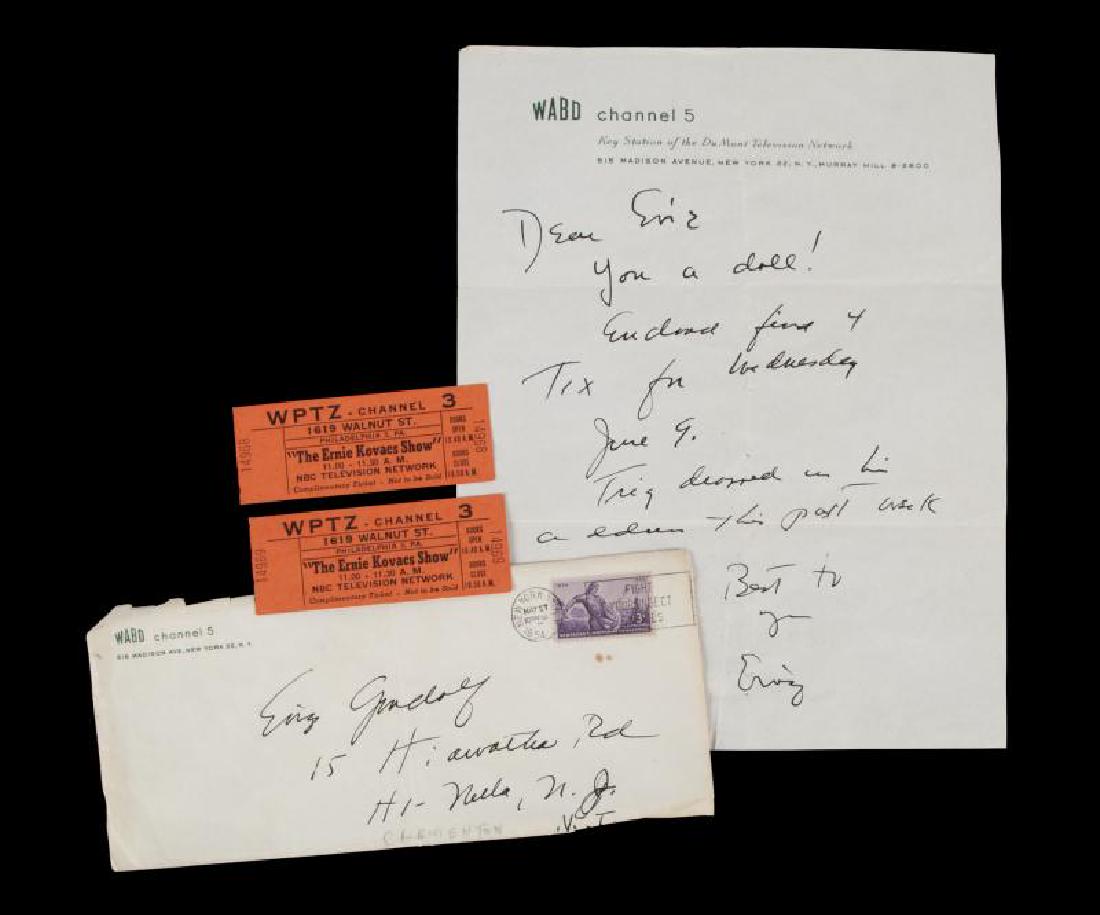 ERNIE KOVACS HANDWRITTEN LETTER: A handwritten letter from Ernie Kovacs to Eric on WABD Channel 5 stationery, reading in part, ""you a doll! Enclosed find 4 tix for Wednesday June 9 [sic]."" Together with the original transmittal env