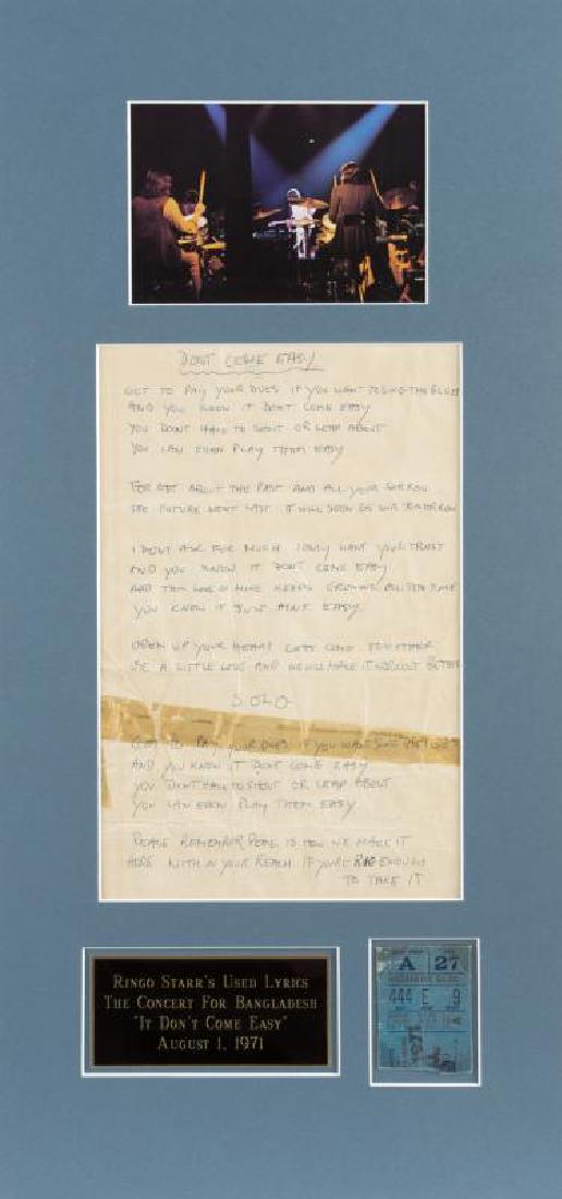 RINGO STARR STAGE USED "IT DON'T COME EASY" LYRICS •: A page of handwritten lyrics for the song "It Don’t Come Easy" used by Ringo Starr to perform at the 1971 Concert for Bangladesh organized by Beatles bandmate George Harrison. The lyrics were handwr