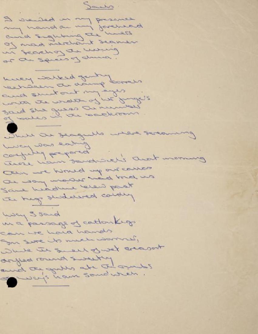 BERNIE TAUPIN ELTON JOHN "SAILS" ORIGINAL WORKING: One sheet of original lyrics for the Elton John song "Sails" from the 1969 album Empty Sky handwritten in blue ink. Includes additional unused words. 9 by 7 inches PROVENANCE From the Collection of Be