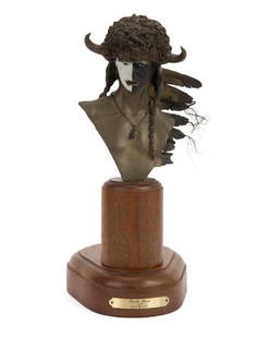 BERNIE TAUPIN DAVE McGARY SCULPTURE: A bronze sculpture on a wooden base titled "Death Mask" by Dave McGary. Numbered 11/30 on the verso. 12 by 7 1/2 by 5 1/2 inches PROVENANCE From the Collection of Bernie Taupin Bernie Taupin