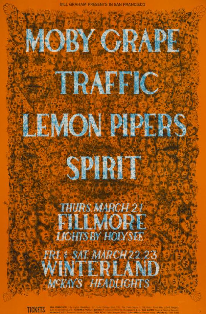 PSYCHEDELIC ACID ROCK CONCERT POSTERS (BILL GRAHAM: A group of four from bands/performers including Big Brother and the Holding Company, Arlo Guthrie, Butterfield Blues Band, and Moby Grape among others, Artwork by Stanley Mouse et al., Fillmore Audito