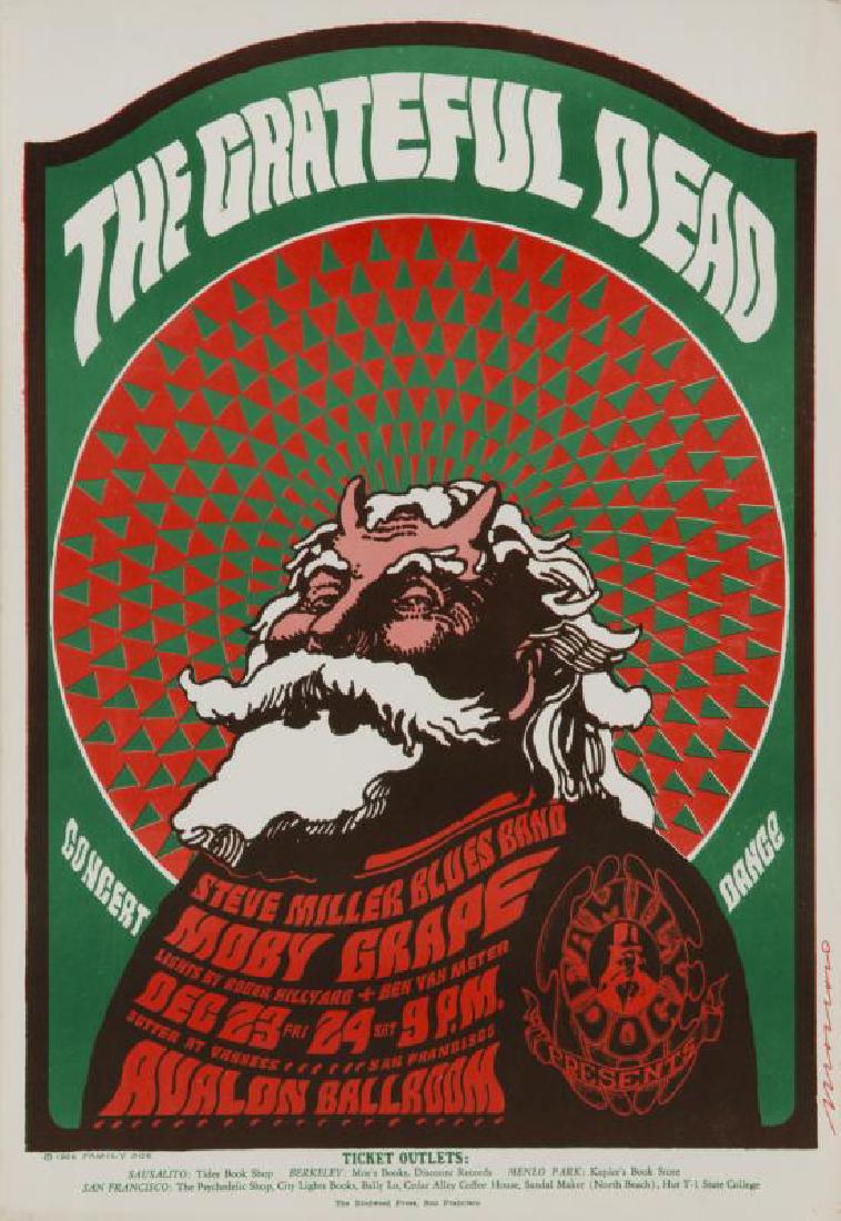 GRATEFUL DEAD / MOBY GRAPE / STEVE MILLER BLUES BAND: Artwork by Victor Moscoso, Avalon Ballroom, December 23-24, 1966, verso stamped and signed in pencil by Paul Olsen; originally from Bill Graham's personal collection. 20 by 14 inches Concert Poster