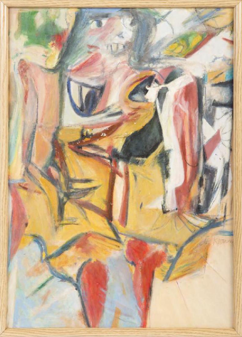 HUGH HEFNER WILLEM de KOONING REPRODUCTION PAINTING: A reproduction oil on board copy of a ""Woman"" series painting by Willem de Kooning, with a facsimile signature on the lower right, the original at one time owned by Hugh Hefner. 30 1/4 by 22 inches,