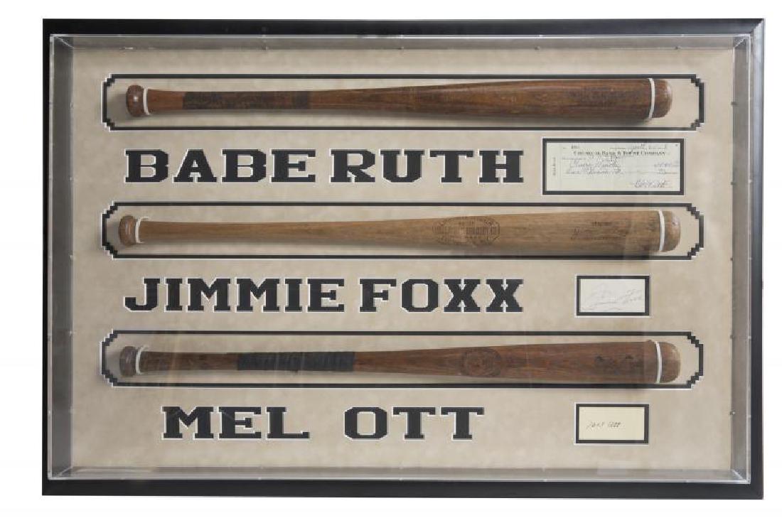 BABE RUTH, MEL OTT, JIMMIE FOXX BASEBALL BAT DISPLAY
