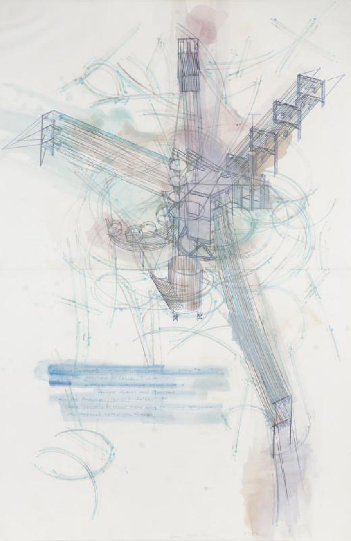 DENNIS OPPENHEIM (American, 1938-2011): Study for Formula Compound - A Combustion Chamber - Stage #3 (from the Fireworks Series) - 1982 Pencil, colored pencil, oil wash, and oil pastel on paper A large-scale study featuring stage 3 of Oppen