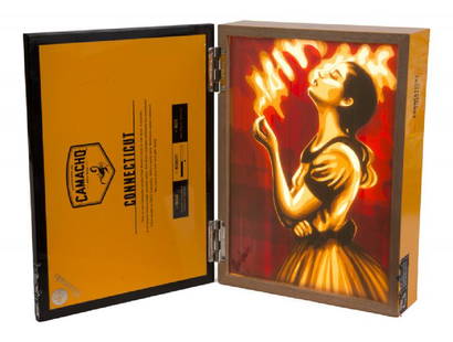 MAX ZORN (Dutch, 1982): Untitled (smoking woman) Incised brown packing tape with backlight fixture in cigar box Signed in black ink lower left Accompanied by cables and remote control for backlight 9 1/2 by 7 by 2 1/4 inches