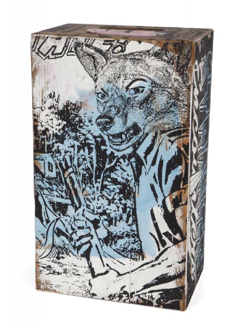 FAILE (American Collective): Strange Encounters (box) Screenprint and acrylic on wooden box Featuring a portrait of Prince Charles 20 by 11 3/4 by 8 inches Faile, PRINCE CHARLES