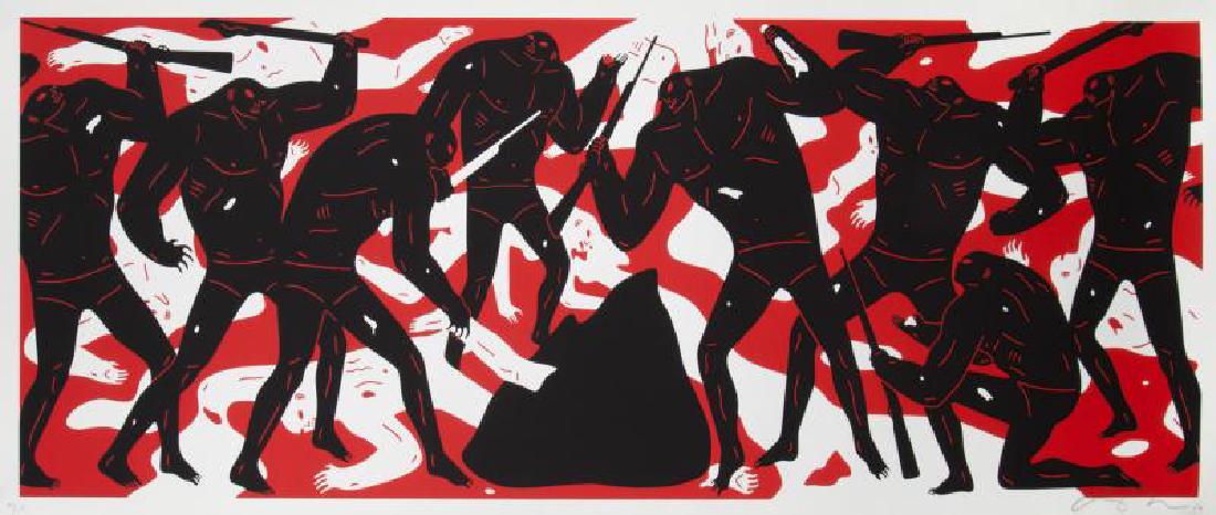 CLEON PETERSON (American, 1973): Burning The Dead (red) - 2016 Screenprint on paper Signed in pencil lower right and numbered in pencil lower left 47/150 Unframed: 17 1/4 by 43 1/2 inches CLEON PETERSON