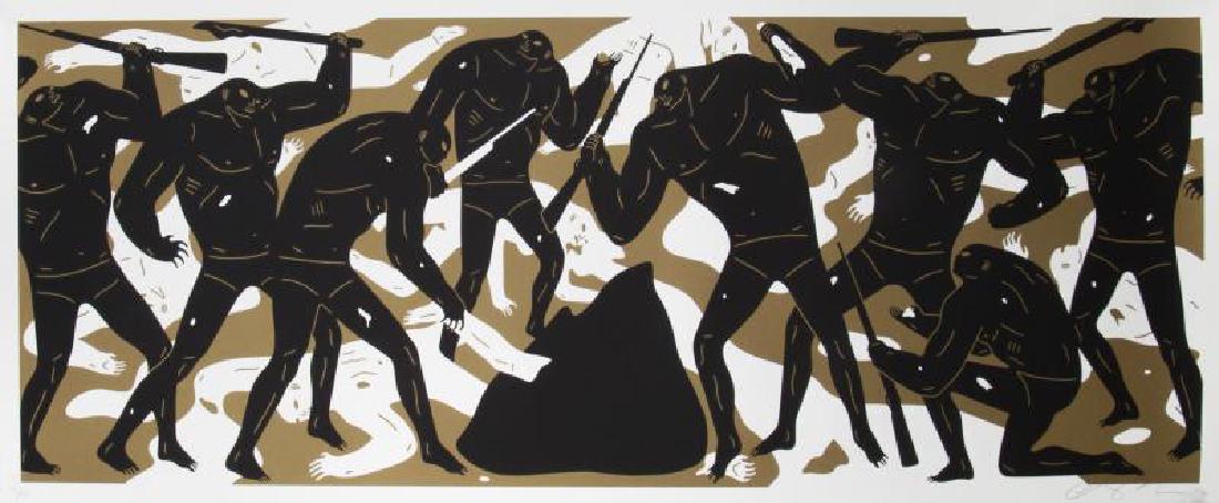 CLEON PETERSON (American, 1973): Burning The Dead (gold) - 2016 Screenprint on paper Signed in pencil lower right and numbered in pencil lower left 47/150 Unframed: 17 1/4 by 43 1/2 inches CLEON PETERSON