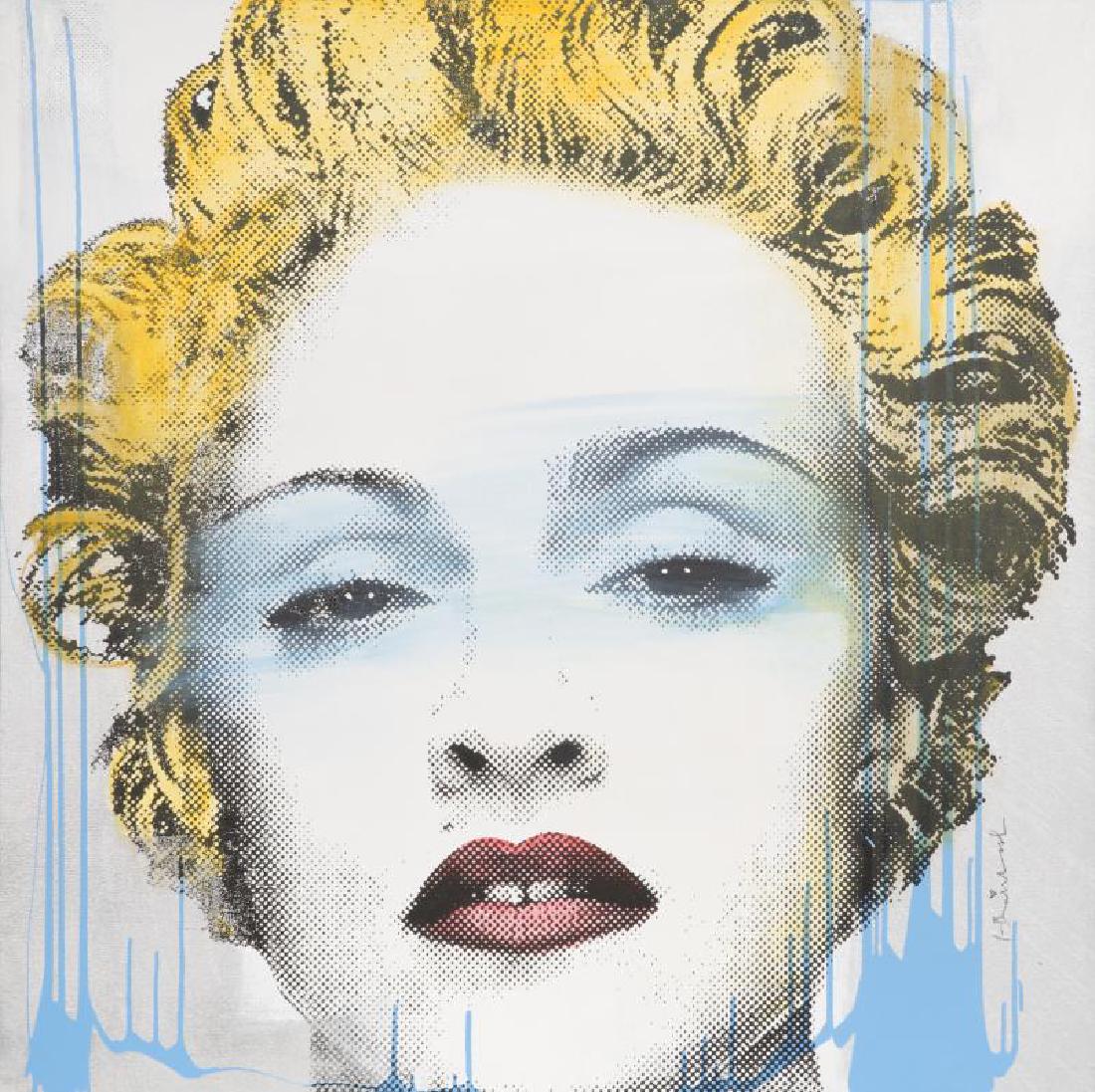 MR. BRAINWASH (French, 1966): Madonna – 2012 Acrylic on canvas Signed in black marker lower right, and signed and dated in black grease pencil on verso with "Life Is Beautiful" in pink aerosol An original hand-executed work on c