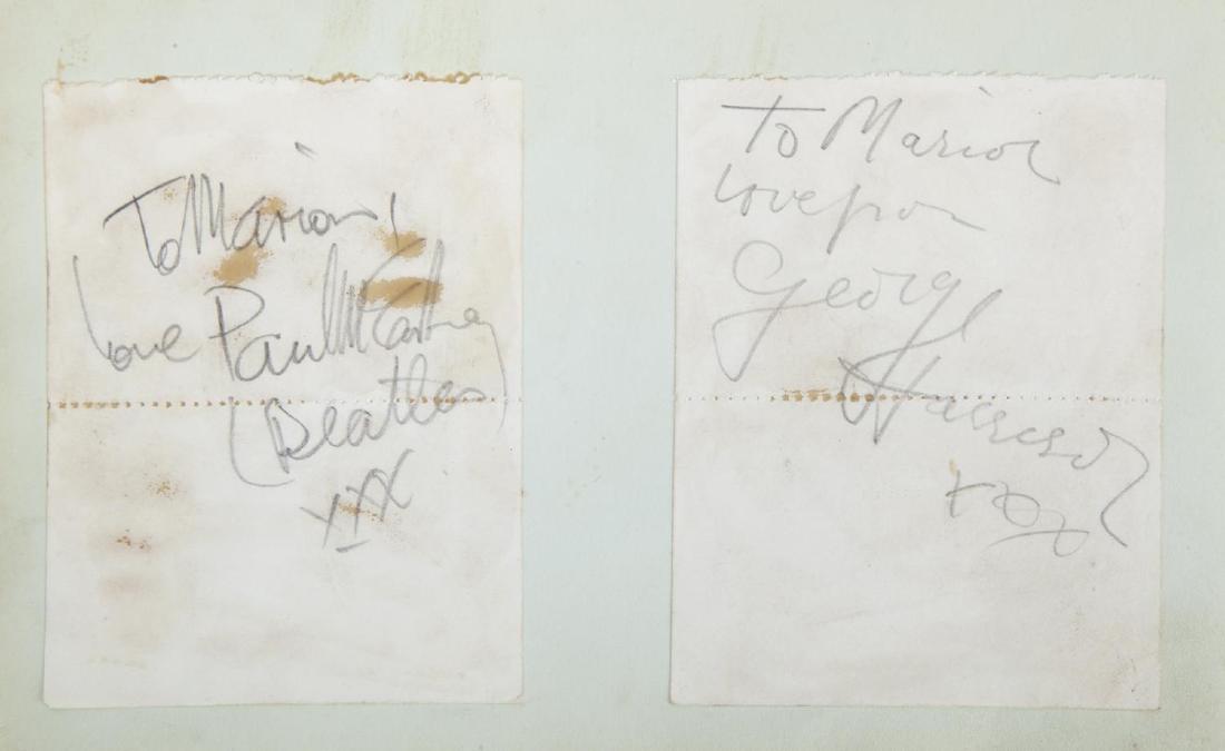 GEORGE HARRISON, PAUL McCARTNEY, AND OTHERS SIGNED: An autograph book with two cutout sheets signed in pencil "To Marion, love Paul McCartney (Beatles) xxx" and "To Marion Love you George Harrison xxx." The autographs were obtained at a Beatles perform