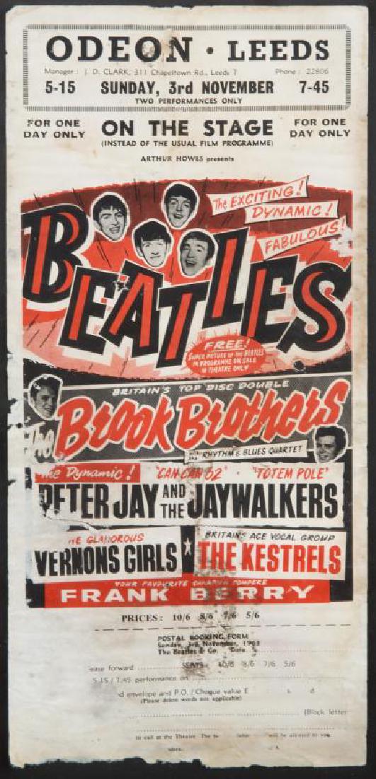 THE BEATLES ORIGINAL CONCERT HANDBILL: An original concern handbill for The Beatles' concert at Odeon Theater in Leeds, United Kingdom, on November 3, 1963. £750-1500 $1000-2000 14 1/2 by 8 inches, overall; 12 by 5 1/2 inches, sight The B