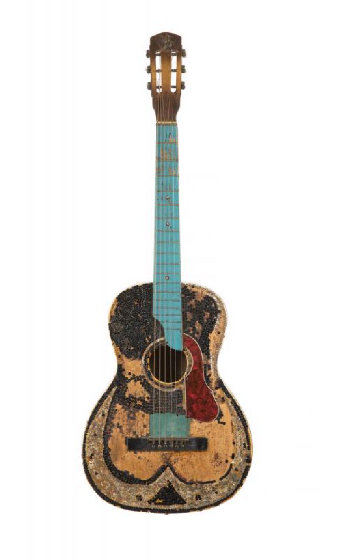 THE BEATLES, BUDDY HOLLY, THE ROLLING STONES, THE WHO,: An acoustic guitar with custom decoration signed by many musicians including John Lennon, Paul McCartney, George Harrison, Ringo Starr, Buddy Holly, Bill Haley, Pete Townshend, Roger Daltrey, Kenney J