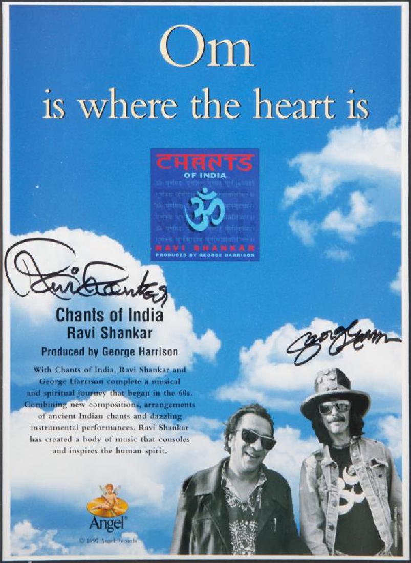 GEORGE HARRISON AND RAVI SHANKAR SIGNED FLYER: A framed flyer for Ravi Shankar's 1997 album Chants of India produced by George Harrison, signed by Shankar and Harrison in black marker. Of 75 flyers produced, only a select few were signed by both.