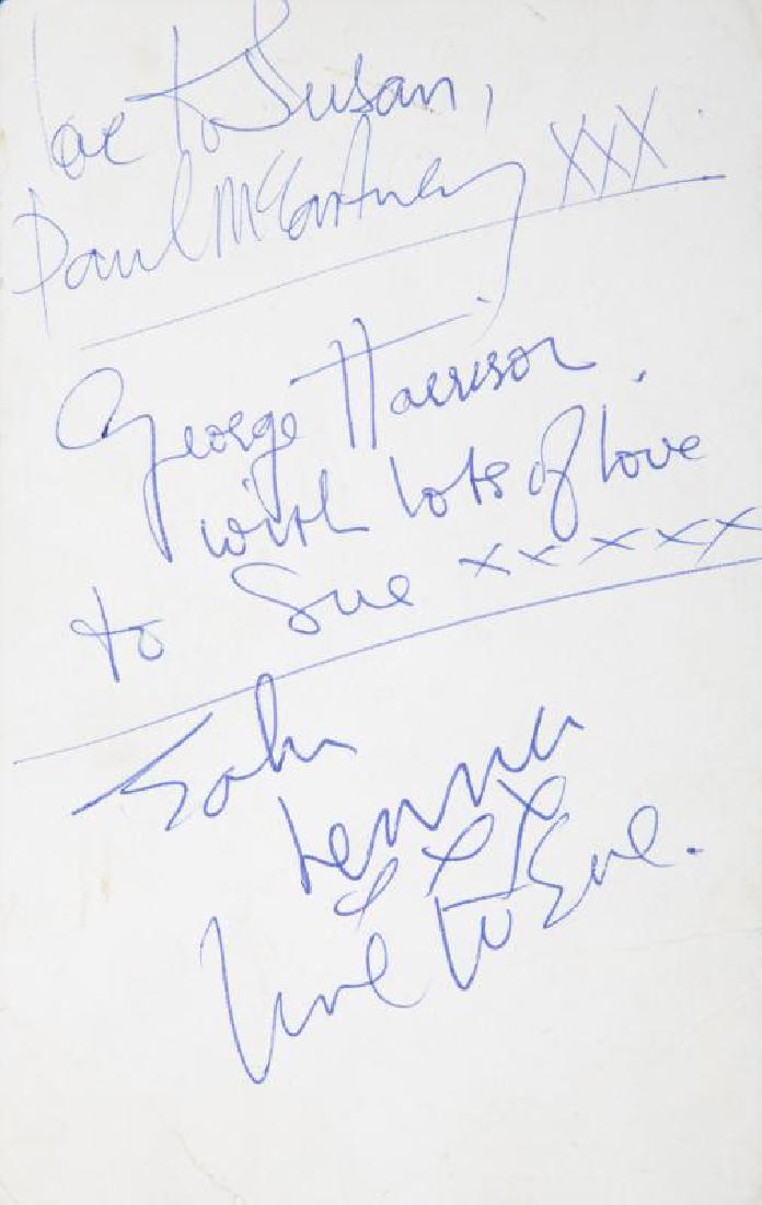 THE BEATLES SIGNED PROMOTIONAL CARD: A Parlophone Records promotional card for The Beatles signed on verso in blue pen by Paul McCartney, George Harrison, and John Lennon. McCartney has additionally written "Love to Susan" with "xxx," Ha