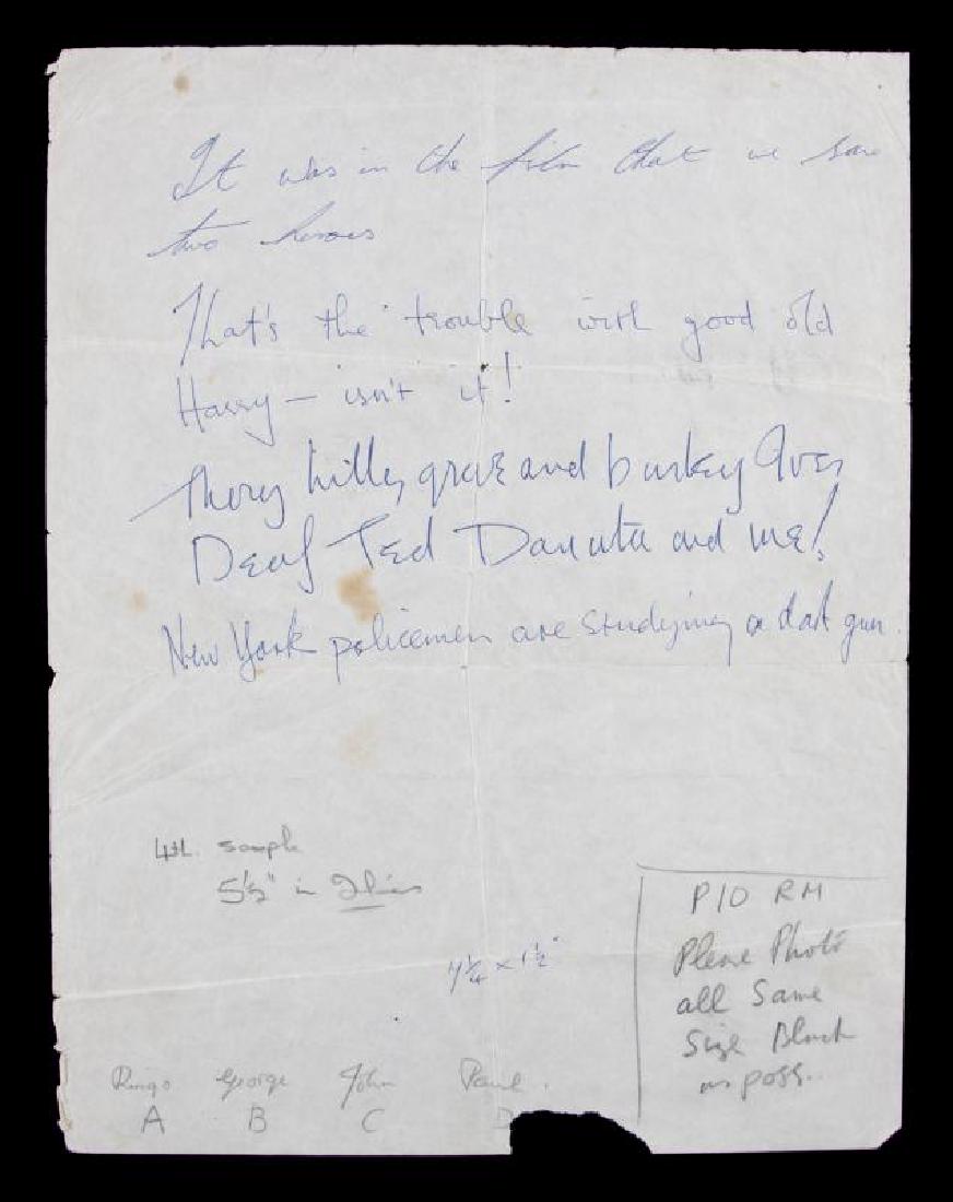 THE BEATLES HANDWRITTEN QUOTES: A page with four quotes written by The Beatles, from top to bottom by Ringo Starr, George Harrison, John Lennon, and Paul McCartney. Lennon’s quote is taken from one of the stories in his book In Hi