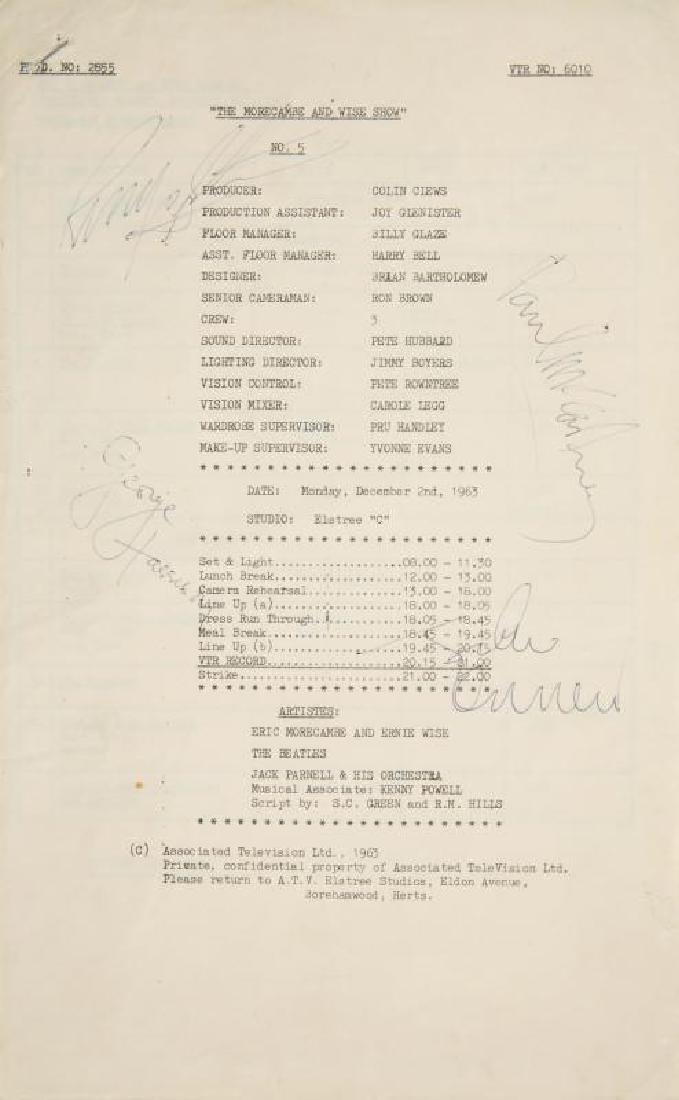 THE BEATLES SIGNED THE MORECAMBE AND WISE SHOW SCRIPT: A script from The Morecambe & Wise Show (Associated Television Ltd.), signed in blue pen by John Lennon, Paul McCartney, George Harrison, and Ringo Starr. The artists listed are Eric Morecambe, Ernie