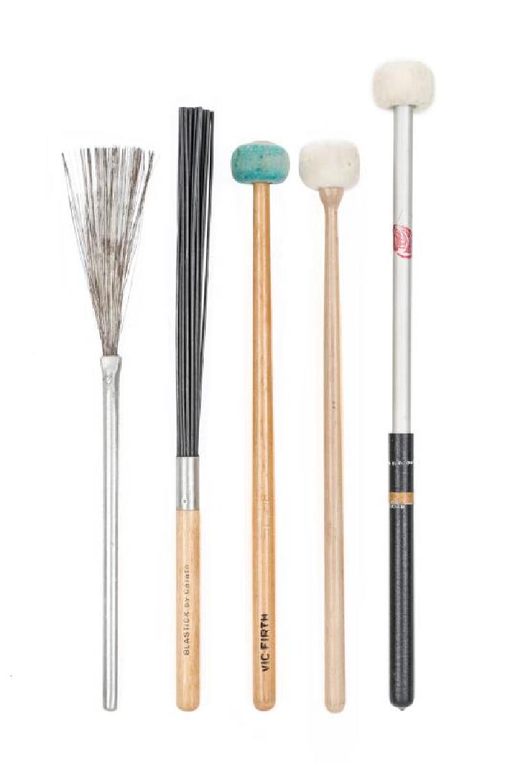 MITCH MITCHELL SPECIALTY DRUM STICKS •*: A group of Mitch Mitchell drumsticks including three mallets, one brush, and one wood-handled Blastick by Calato. Longest, 16 inches PROVENANCE From the Estate of Mitch Mitchell Mitch Mitchell