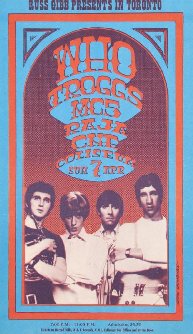 THE WHO / TROGGS / MC5 / RAJA CONCERT POSTCARD (RUSS: Artwork by Gary Grimshaw, CNE Coliseum [Toronto, Ontario, Canada], April 7, 1968, first printing, very rare postcard from this gig. (Please note there is tape residue on the verso.) 7 1/8 by 4 1/8 inc