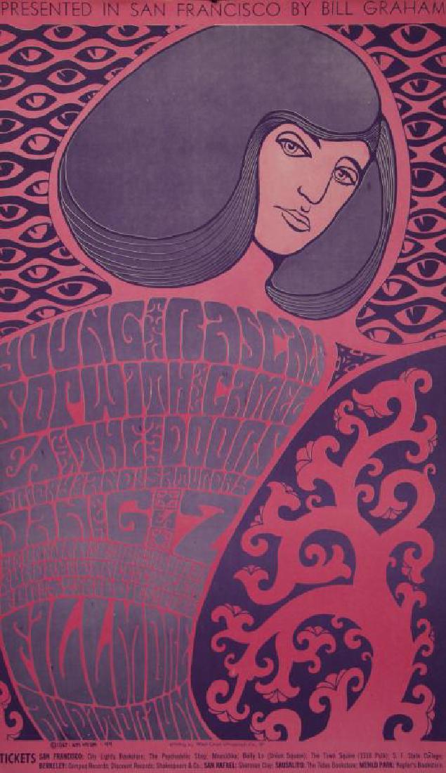 THE DOORS ET AL. CONCERT POSTER (BILL GRAHAM 44): Artwork by Wes Wilson, Fillmore Auditorium, January 6-7, 1967, second printing; from the collection of Alain Ronay, Jim Morrison's close friend; included with a letter of provenance signed by Ronay. 2