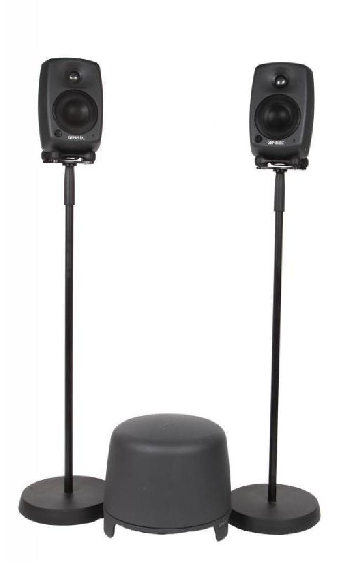GREG LAKE STUDIO MONITORS: A pair of Genelec 8020B monitors on stands. Together with a model 5040A active subwoofer. Subwoofer, 10 by 12 inches PROVENANCE From the Estate of Greg Lake Greg Lake