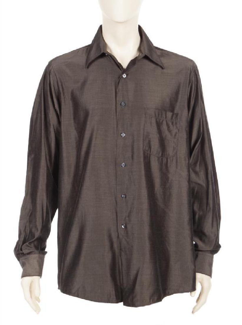 SLASH DKNY SHIRT: A pewter colored shirt with pearlized buttons. Size 15 1/2 34/35 PROVENANCE From the Collection of Slash and Perla Hudson Slash