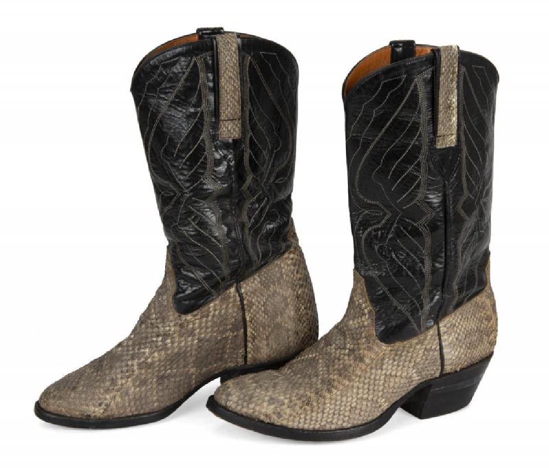 BURT REYNOLDS SNAKESKIN COWBOY BOOTS: A pair of snakeskin cowboy boots with black leather upper. No size or maker's label apparent.; PROVENANCE From the Estate of Burt Reynolds; Burt Reynolds