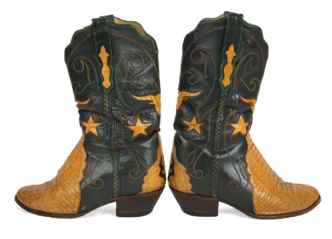 BURT REYNOLDS ALLIGATOR COWBOY BOOTS: A pair of alligator skin boots with overlaid black leather upper. Custom hand made by Gadarion-Exotique Leathers of Tampa Florida. No size apparent.; PROVENANCE From the Estate of Burt Reynolds; Burt