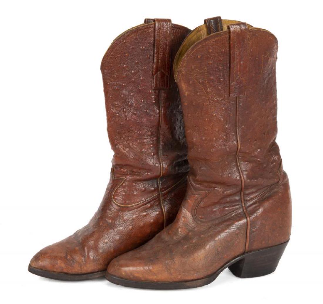 BURT REYNOLDS OSTRICH COWBOY BOOTS: A pair of brown ostrich leather boots. No maker or size markings apparent.; PROVENANCE From the Estate of Burt Reynolds; Burt Reynolds