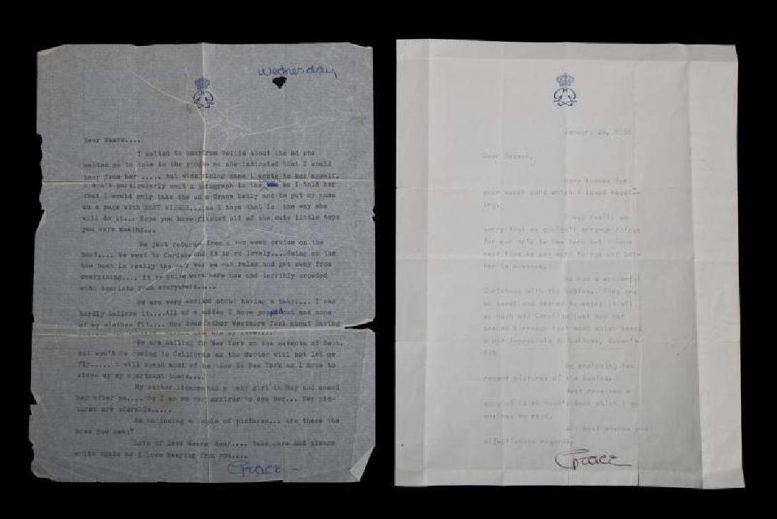 GRACE KELLY SIGNED LETTERS: A pair of letters, the first on personalized royal stationery, typed, dated "Wednesday" [1956 from content], to Lenore Weaver, a longtime hairdresser at Paramount Studios from the 1930s to the 1970s w