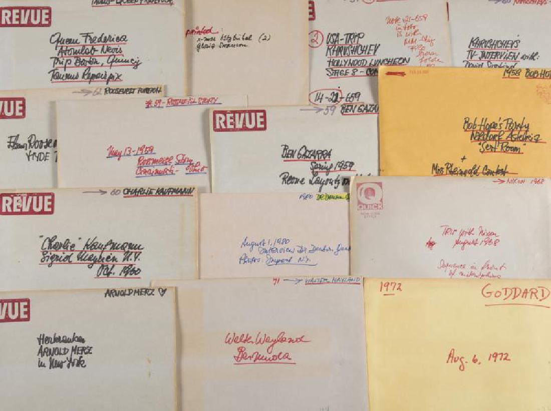 MANFRED KREINER NEGATIVES INCLUDING POLITICIANS, ACTORS: A collection of envelopes containing negatives, contact sheets, and slides taken by Manfred Kreiner. Including: an envelope labeled "62 Roosevelt Funeral" taken at the funeral of Eleanor Roosevelt tha