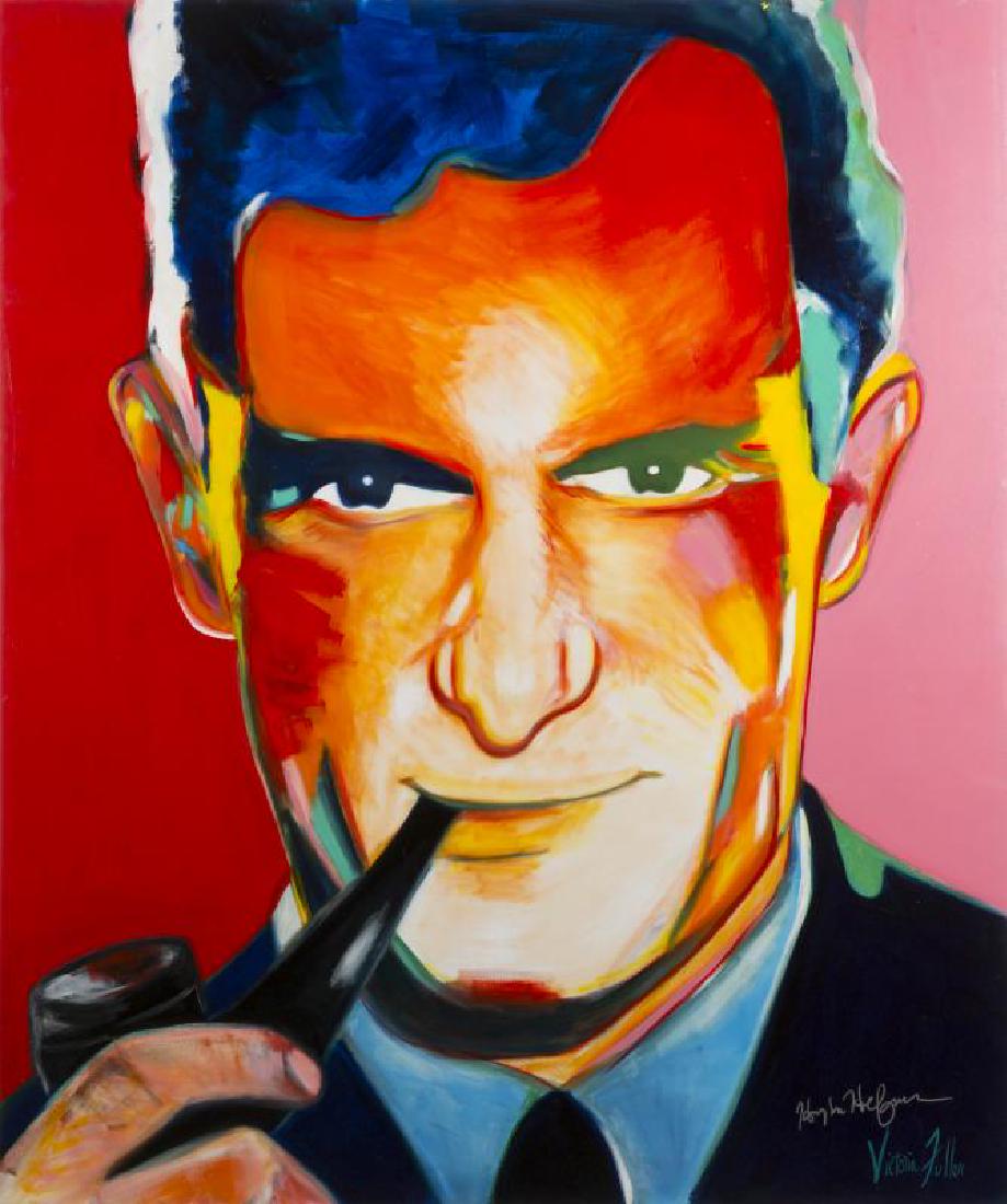 HUGH HEFNER SIGNED PAINTING: A canvas painting of Hugh Hefner by Victoria Fuller, signed by the artist on the bottom right and additionally signed by Hefner in silver marker. Accompanied by two candid photographs of Hefner signin