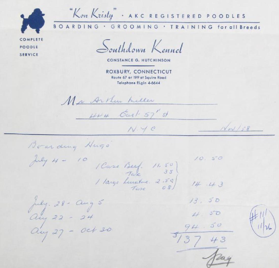 MARILYN MONROE INVOICE FOR BOARDING OF HUGO: From the Personal Files of Marilyn Monroe: An invoice from Southdown Kennel in Roxbury, Connecticut, for boarding and food for Hugo, the loveable basset hound owned by Marilyn and then husband Arthur 