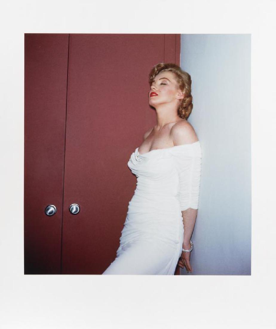 MARILYN MONROE HAROLD LLOYD PHOTOGRAPH: A large-format color photograph taken by Harold Lloyd of Marilyn Monroe in a white cocktail dress. Numbered 21/250 on the verso and bearing the Harold Lloyd Trust seal to the lower right corner of the