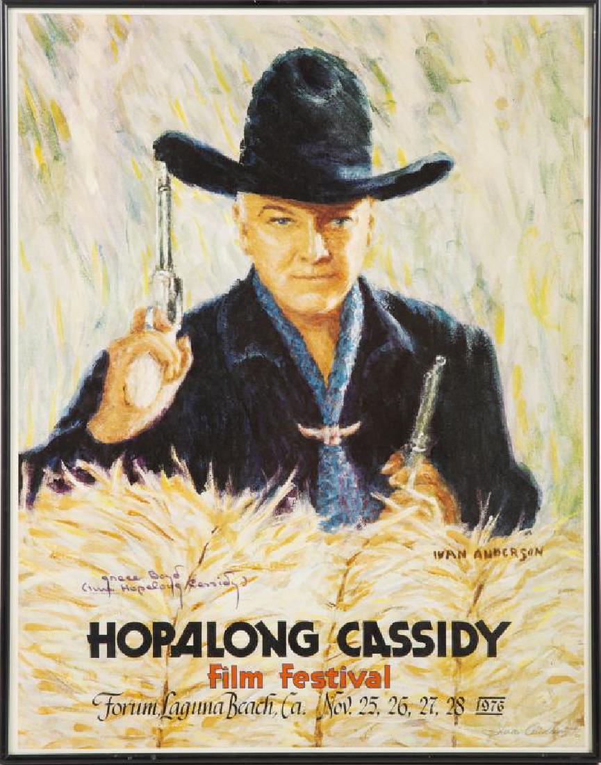 BURT REYNOLDS HOPALONG CASSIDY FILM FESTIVAL POSTER: A piece advertising the fest that took place in November of 1976, signed in black felt-tip ink on the lower left side "Grace Boyd / (Mrs. Hopalong Cassidy);" on display in the actor's home theatre at 