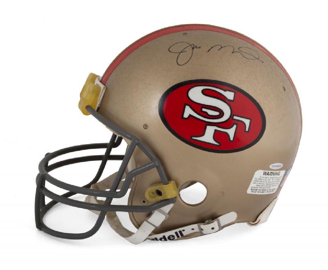 BURT REYNOLDS SAN FRANCISCO 49ERS FOOTBALL HELMET: A VSR-1 football helmet by Riddell, signed in black marker by Joe Montana, size L.; PROVENANCE From the Estate of Burt Reynolds; Burt Reynolds