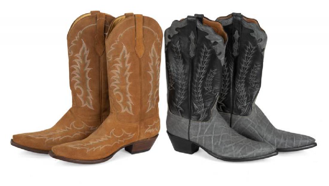 BURT REYNOLDS COWBOY BOOTS: A pair of tan suede boots by Boot Star, 10 1/2 D. Together with a pair of pale blue shagreen and black leather boots by Ammons, no size apparent.; PROVENANCE From the Estate of Burt Reynolds; Burt Rey