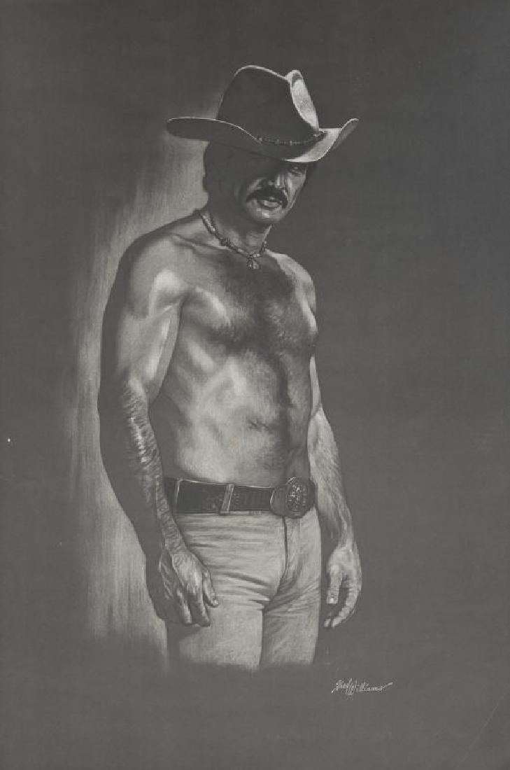 BURT REYNOLDS PERSONALITY POSTER: A black and gray scale image of a sexy and shirtless Reynolds based on a painting originally rendered by noted Western artist, Fred Williams; rolled; with a 'Burt Reynolds Productions Inc.' blindstamp