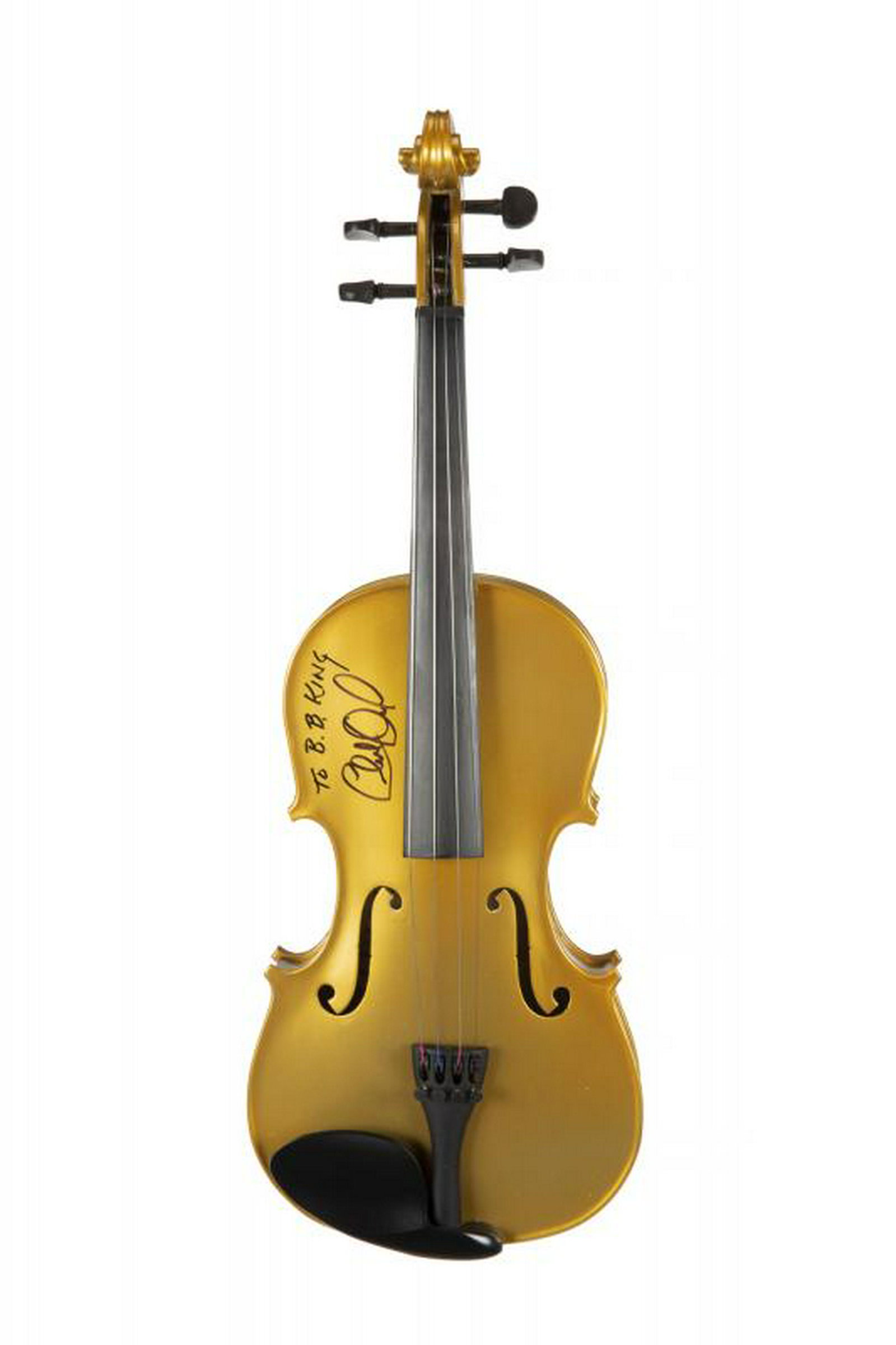 B.B. KING CHARLES DANIELS SIGNED VIOLIN: A violin with gold finish signed on the body in black marker "To B.B. King Charles Daniels." Accompanied by a bow and a black case. PROVENANCE From the Estate of B.B. King BB King