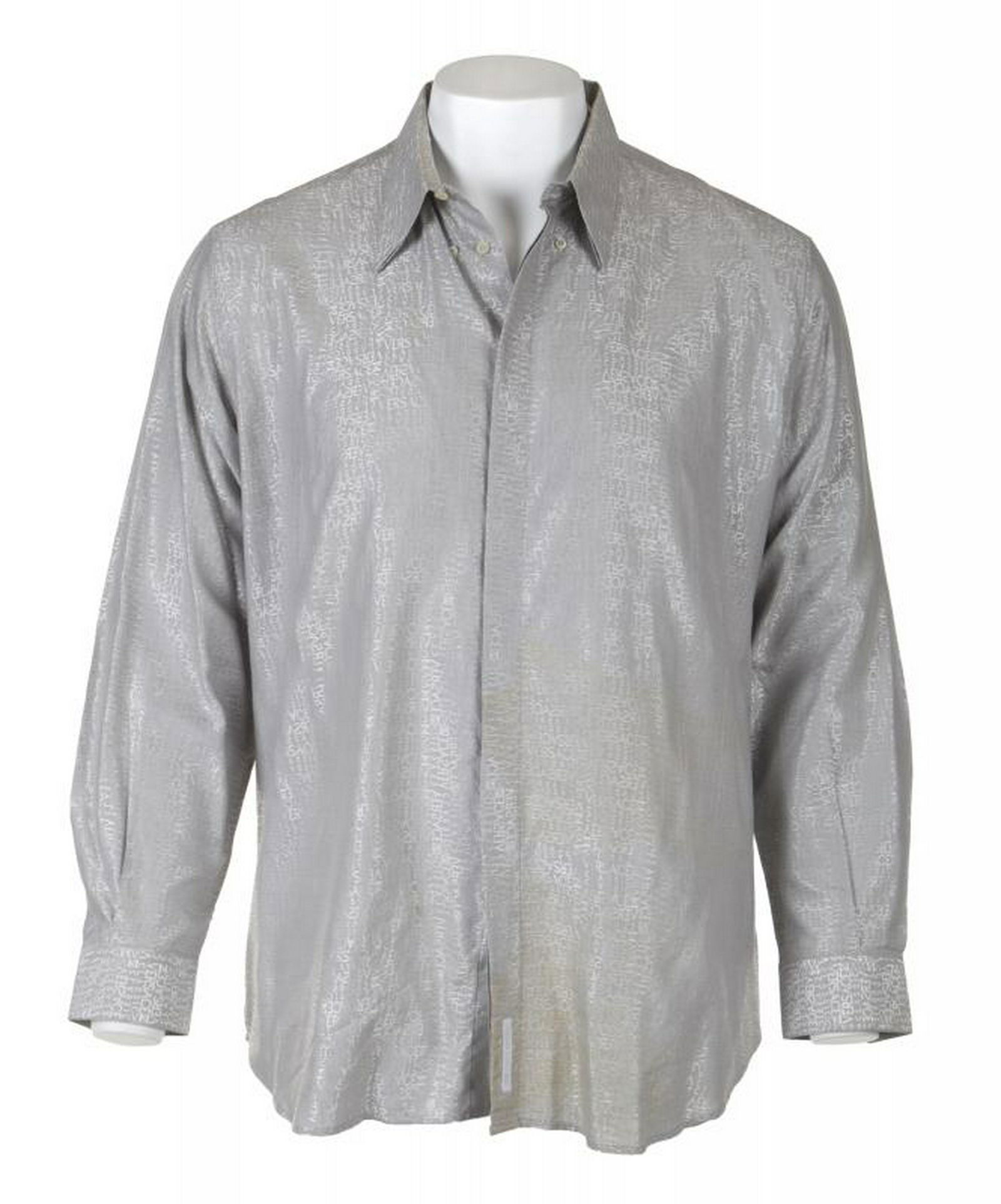 B.B. KING SHIRTS: A group of three shirts worn by B.B. King. The first is black and grey striped with a "Signum" label, size XXL. The second is a grey Versace shirt with the designer's logo embossed in grey on the shir