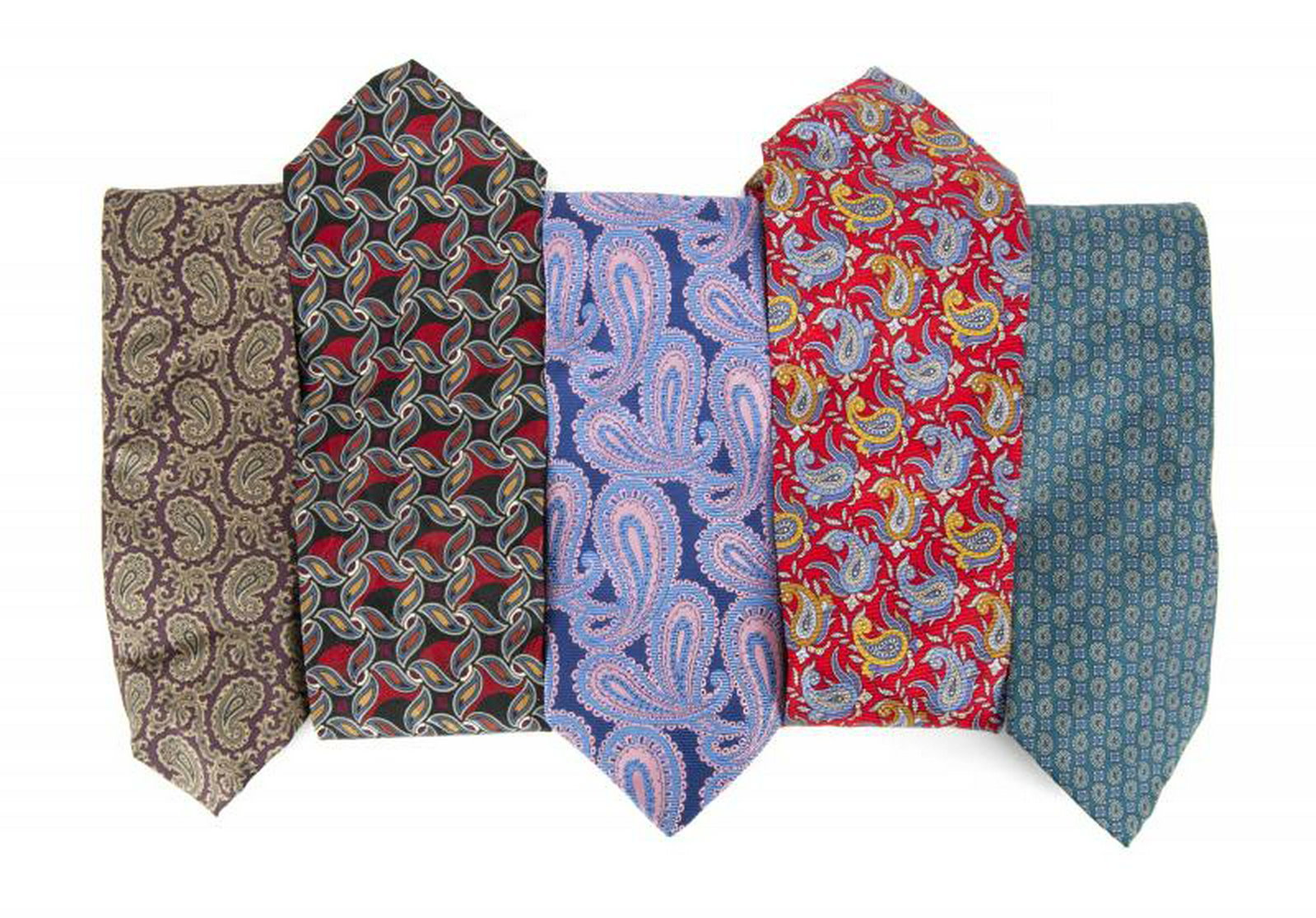 B.B. KING PAISLEY TIES: A group of five paisley ties from Turnbull & Asser (pink and blue), Oscar de la Renta Couture (purple with green paisley), Ferracci (red and purple with blue abstract paisley patterns), Jeremy Petters