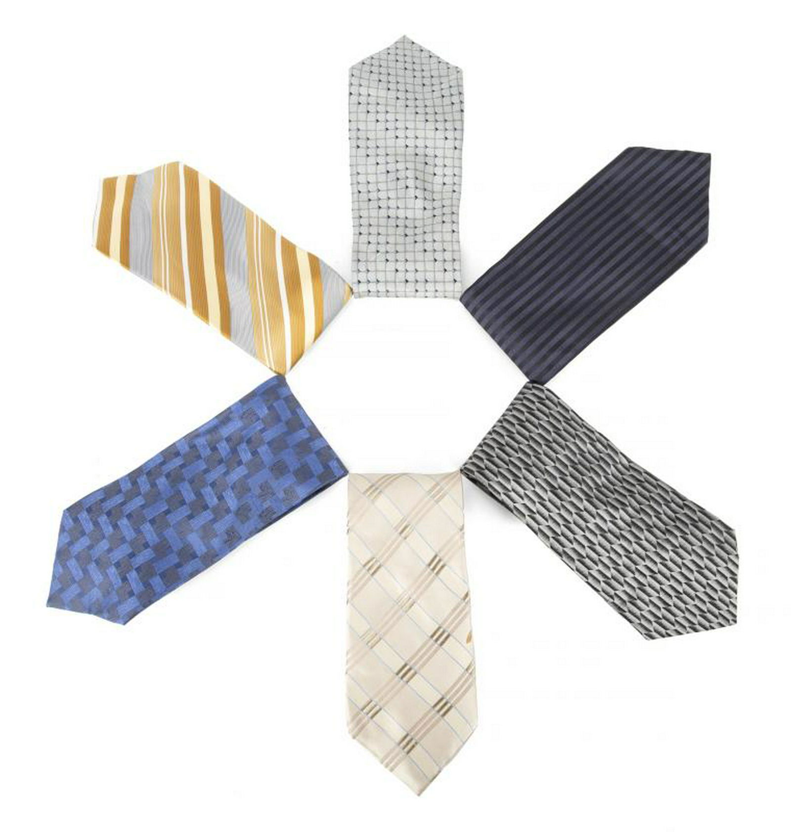 B.B. KING TIES FROM NEW YORK DESIGNERS: A group of six ties: a gold and silver striped tie and a blue tie from Kenneth Cole; a silver, a greenish-blue, and a navy blue tie from DKNY; and a cream cross-striped tie from Michael Kors. PROVENAN