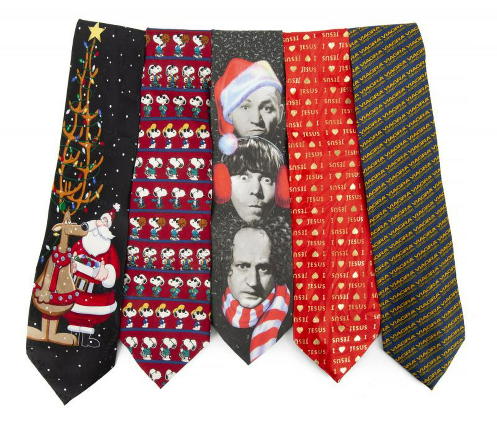 B.B. KING NOVELTY TIES: A group of five novelty ties: a "Viagra" tie by Pfizer; a red and gold "I [heart] Jesus" tie; a "Three Stooges Christmas" tie by Ralph Marlin; a Peanuts cartoon tie; and a Santa Claus and reindeer tie