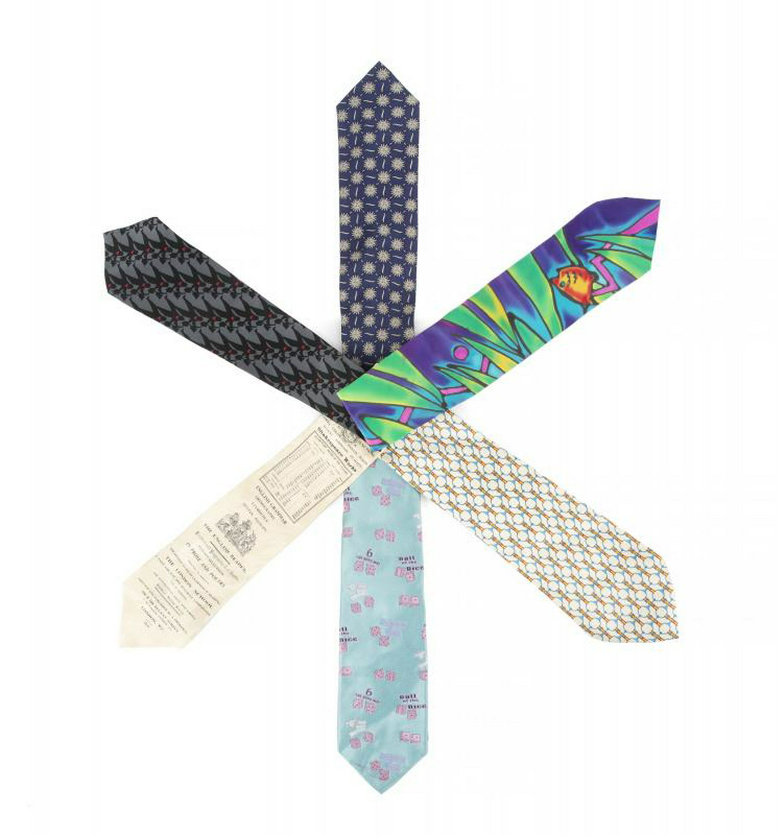 B.B. KING NOVELTY TIES: A group of six novelty ties: a grey and black tie designed by Romero Britto; an English Reader tie from The London School created by Museum Artifacts; a turquoise dice tie by XMI 325 Series; a multico