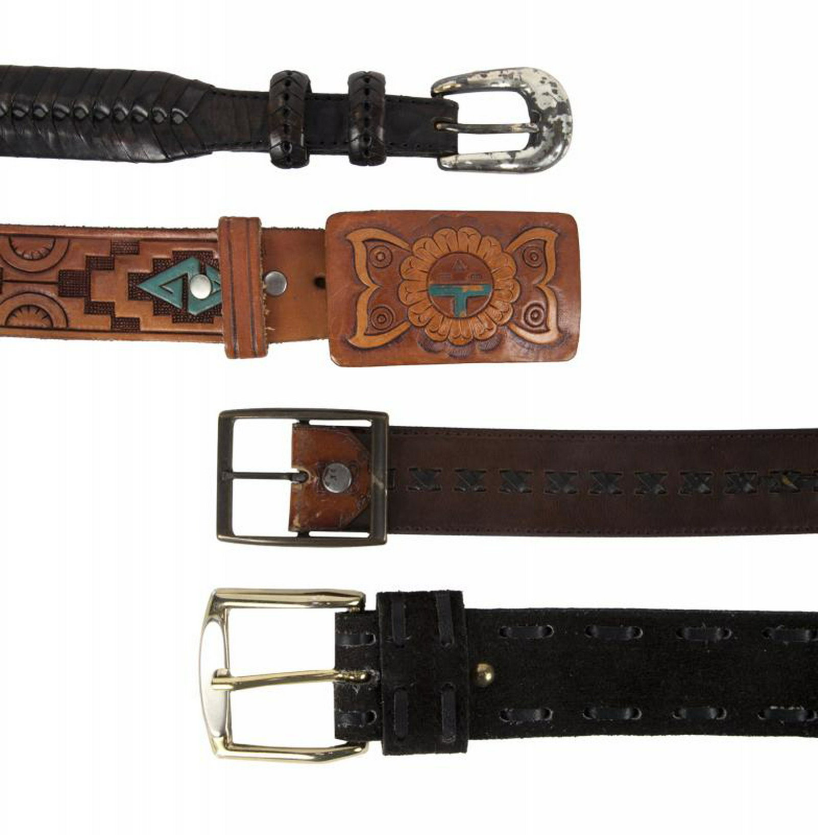 B.B. KING WESTERN BELTS: A group of four western or western-style belts: a brown leather stamped and handpainted belt with painted leather buckle, size 44; a brown and black leather belt with stamped designs by Schwartz Bros,