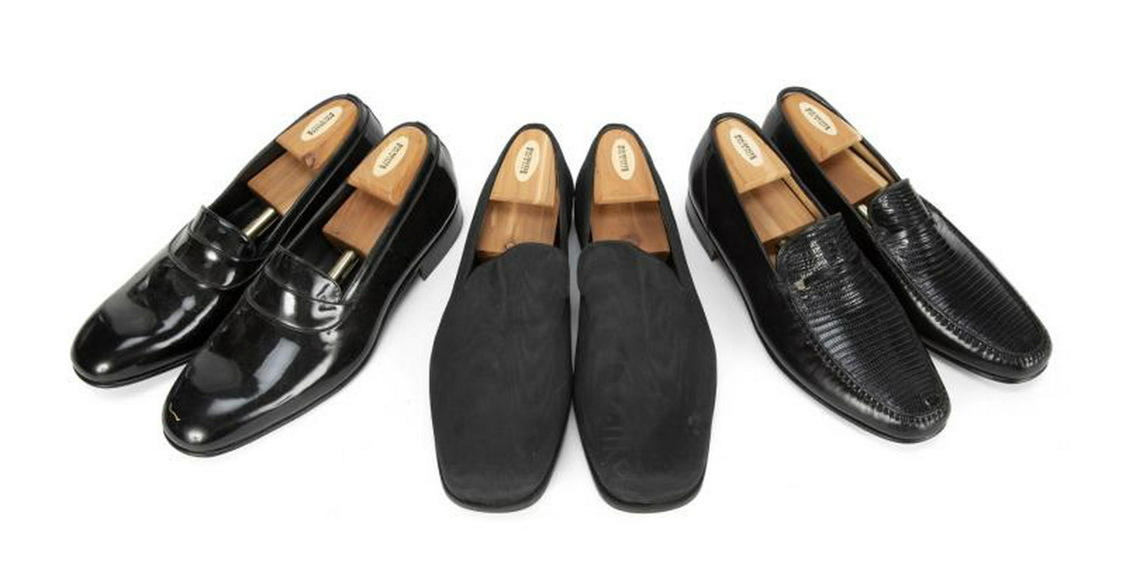 B.B. KING GROUP OF BRUNO MAGLI LOAFERS: Three pairs of black Bruno Magli loafers, all size 12. The first pair is patent leather. The second pair is cloth. The third pair is black with raised stitching moc toe; the top features a faux crocod