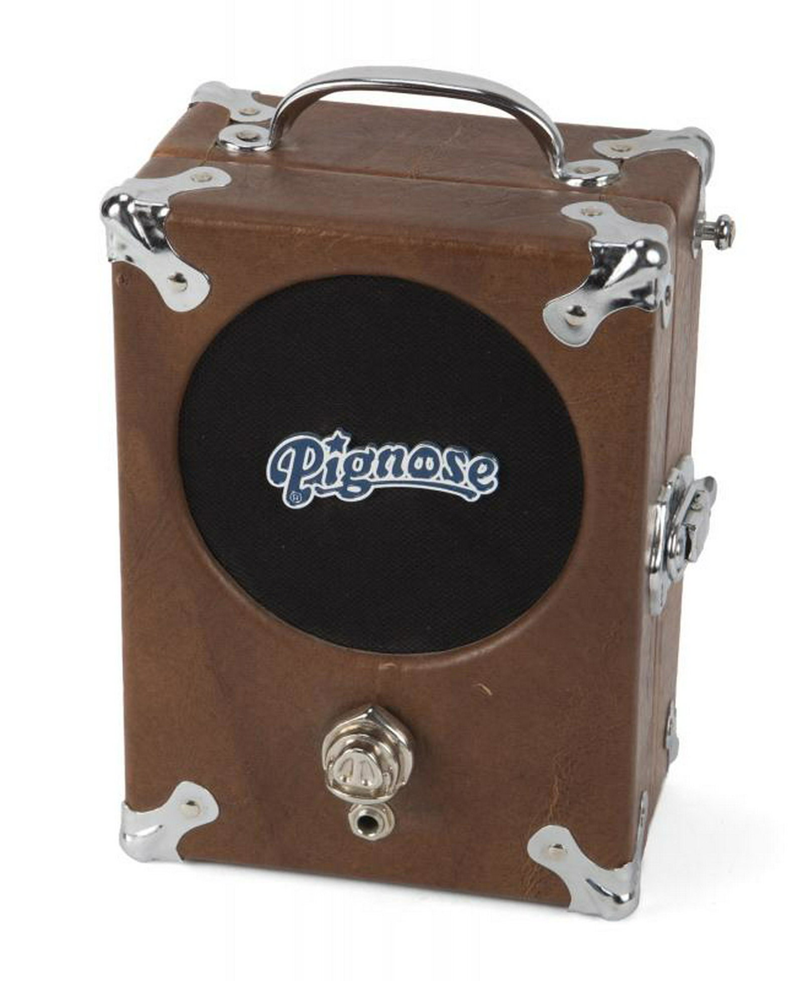 B.B. KING PORTABLE PIGNOSE AMP: A Pignose brand amp in a small brown leather case with a chrome pig nose on the front, model number 7-100R, serial number 01354. 8 1/2 by 6 by 4 inches PROVENANCE From the Estate of B.B. King BB King