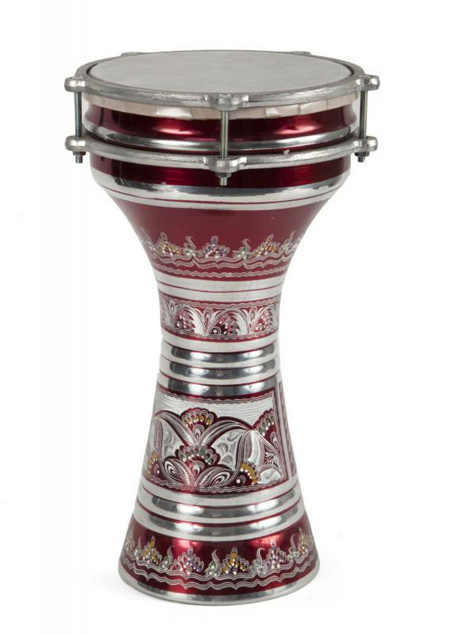 B.B. KING ALUMINUM DARBUKA PERCUSSION DRUM: A red and silver and polychrome enamel decorated aluminum percussion drum with a synthetic head. Height, 15 3/4 inches; diameter, 9 inches PROVENANCE From the Estate of B.B. King BB King