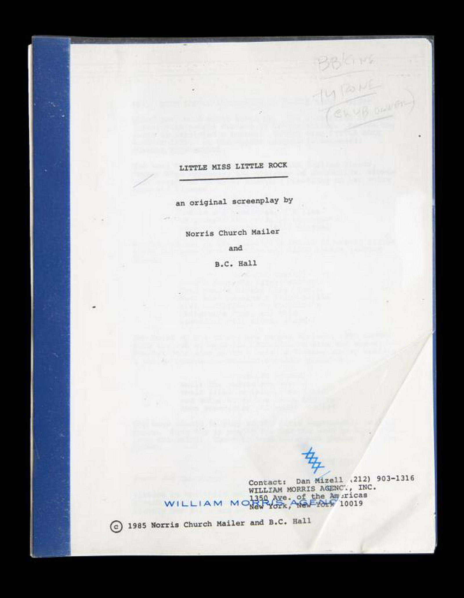 B.B. KING LITTLE MISS LITTLE ROCK SCREENPLAY: A screenplay for a 1985 movie Little Miss Little Rock written by Norris Church Mailer and B.C. Hall, where B.B. King was to play Tyrone, a club owner. The movie was never produced. 11 by 8 1/2 inches